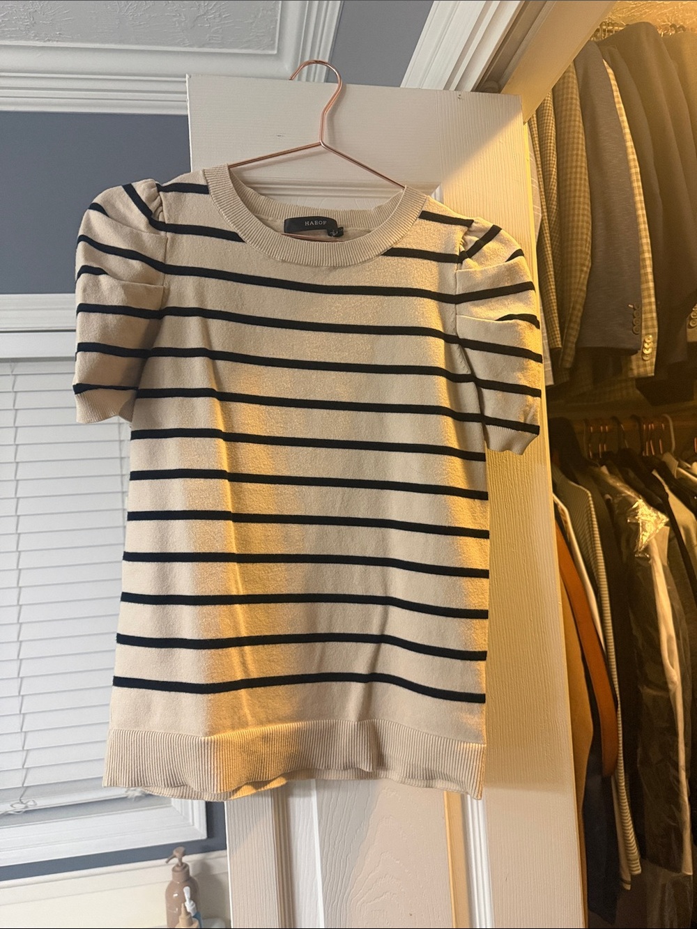 American Eagle Outfitters Cream and Black Striped Short Sleeve Top